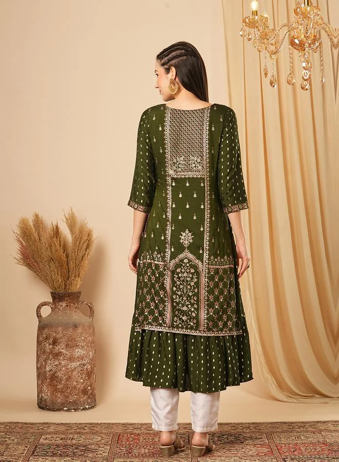 globus Women Green Gold Foil Floral Print A-Line Kurta